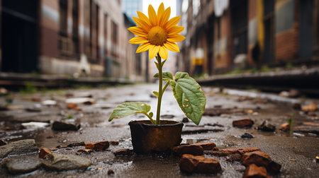 a yellow sunflower growing in a pot on the groundの素材