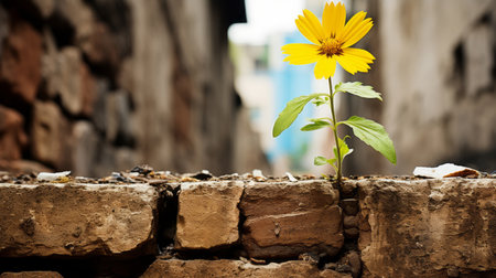 a yellow flower growing out of a brick wallの素材