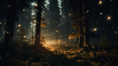 an image of a forest at night with firefliesの素材