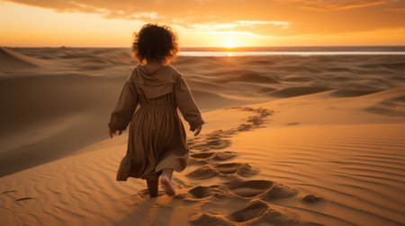 a young girl walking in the desert at sunsetの素材