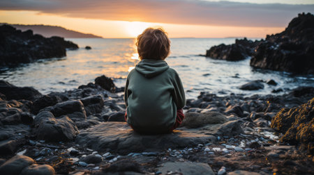 a young boy sitting on the rocks at the beach at sunsetの素材