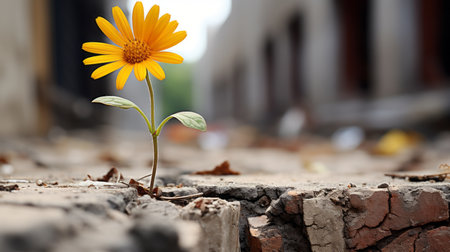 a yellow flower growing out of a crack in the groundの素材