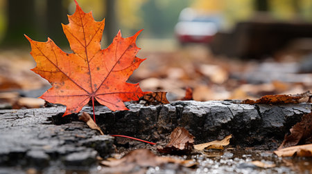 an orange maple leaf sits on top of a fallen logの素材