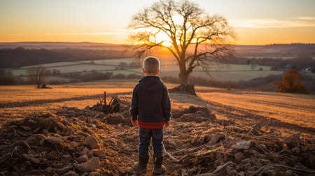a young boy standing in the middle of a field at sunsetの素材
