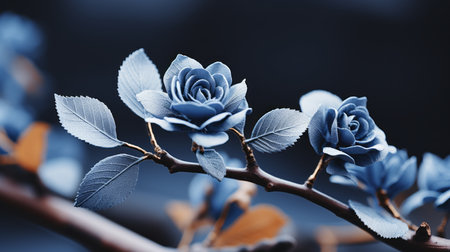 blue flowers on a branch with leavesの素材