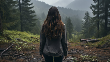 a woman standing in the middle of a forest on a foggy dayの素材