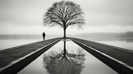 black and white photo of a lone person standing in front of a treeの素材