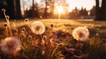 dandelions in the grass at sunsetの素材