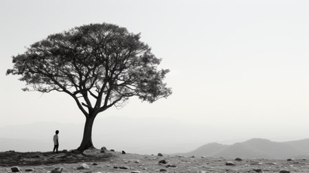 black and white photo of a lone person standing under a treeの素材