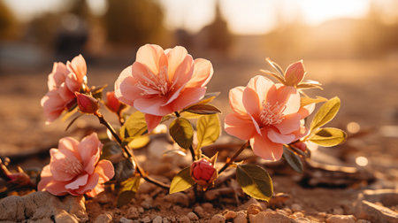 camellia flowers blooming in the desert at sunsetの素材
