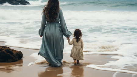 mother and daughter walking on the beachの素材