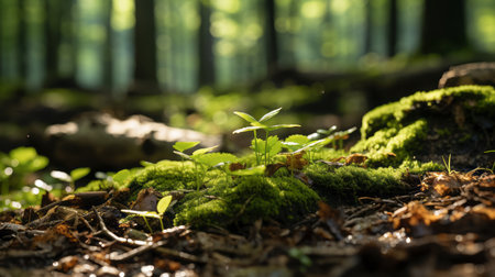 moss growing on the ground in a forestの素材