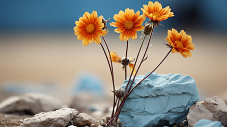 three orange flowers are sitting on top of some rocksの素材
