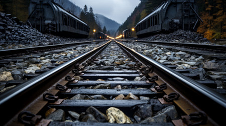 railroad tracks in the mountains at nightの素材