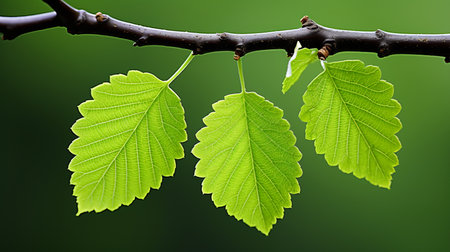 three green leaves on a branchの素材