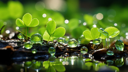 green leaves and water droplets on the groundの素材