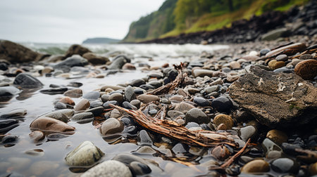 rocks and pebbles on the shore of a beachの素材