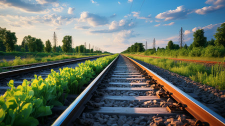 railroad tracks in the middle of a green fieldの素材