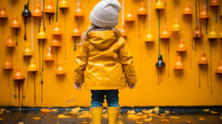 little girl in yellow raincoat standing in front of orange wallの素材