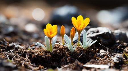 two small yellow flowers growing out of the groundの素材