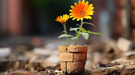 two orange flowers are growing out of a brick wallの素材