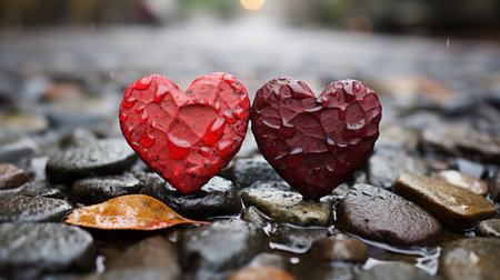 two red hearts sitting on top of each other in the rainの素材