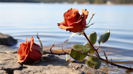two red roses sitting on the edge of a lakeの素材