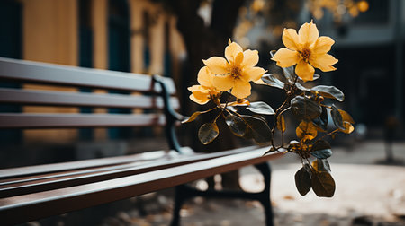 yellow flowers on a benchの素材