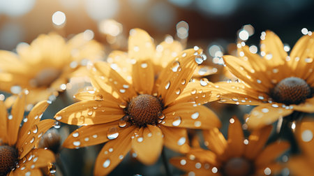 yellow daisies with water droplets on them in the sunの素材