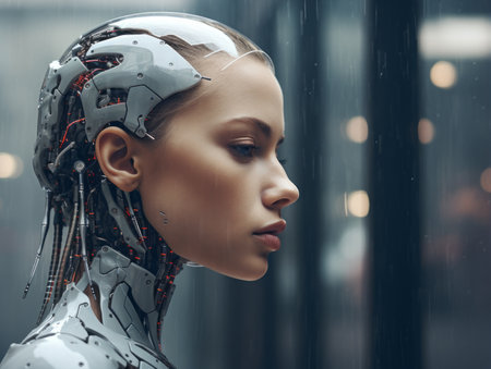 a woman with a robot head in the rainの素材