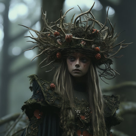a woman with antlers on her head in the woodsの素材