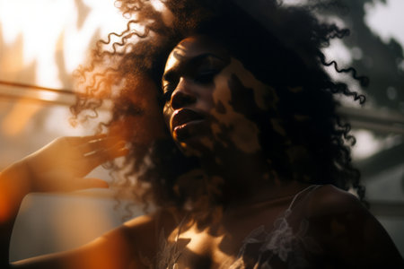 a woman with an afro in front of the sunの素材