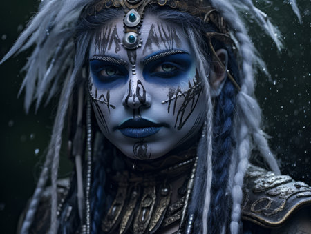 a woman with blue and white makeup on her faceの素材