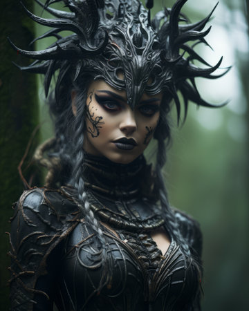 a woman with black makeup and horns in the woodsの素材
