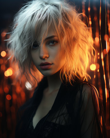 a woman with blonde hair posing in front of lightsの素材