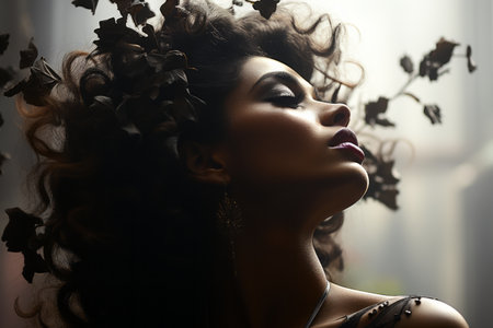 a woman with curly hair and flowers in her hairの素材