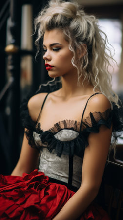 a woman with blonde hair and red lipstick sitting on a chairの素材