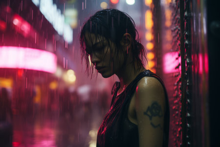 a woman with a tattoo on her arm standing in the rainの素材