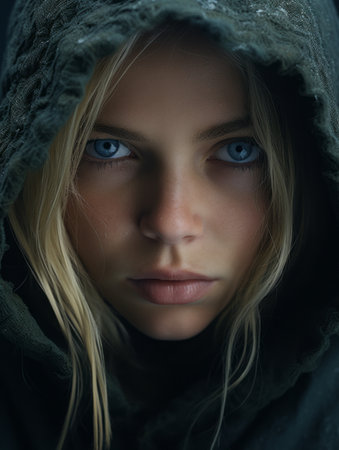 a woman with blue eyes in a hooded jacketの素材