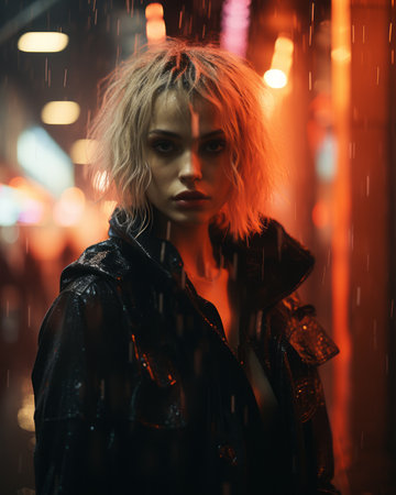 a woman with blonde hair standing in the rainの素材