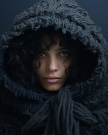 a woman with curly hair and a black hoodieの素材