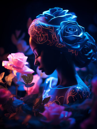 a woman with a flower in her hair is surrounded by rosesの素材