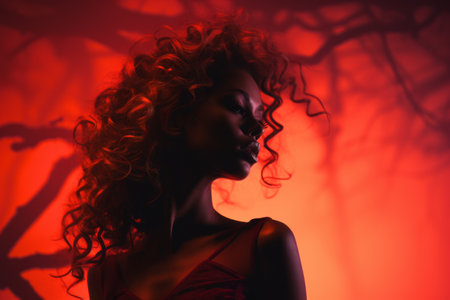 a woman with curly hair and red light in the backgroundの素材