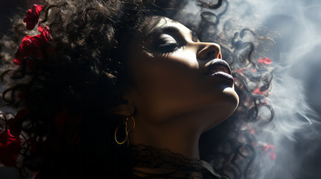 a woman with curly hair and smoke coming out of her mouthの素材
