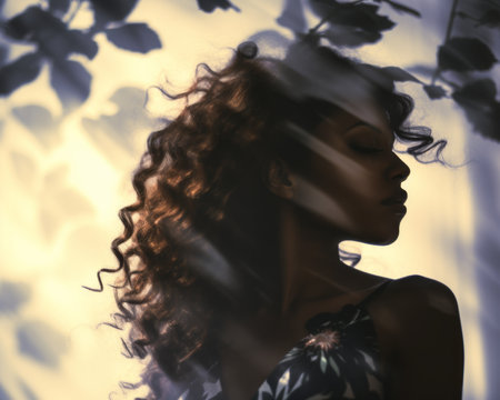 a woman with curly hair in front of a treeの素材