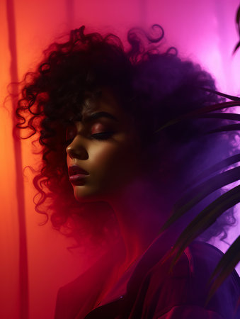 a woman with curly hair in front of a colorful backgroundの素材