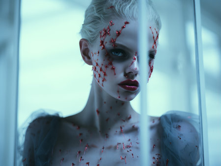 a woman with blood on her face is looking through a windowの素材