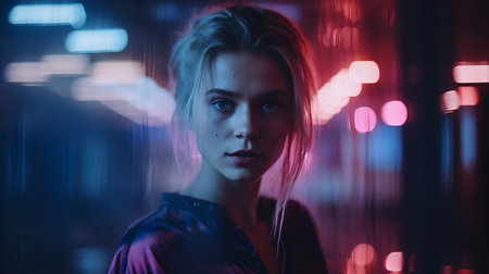 a woman with blonde hair in front of red and blue lightsの素材