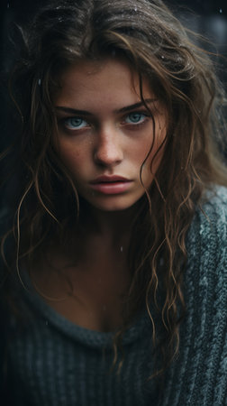 a woman with blue eyes and long hair in the rainの素材