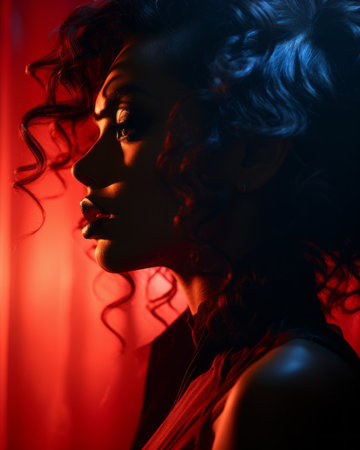 a woman with curly hair in front of a red curtainの素材